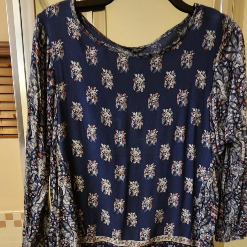 Lucky Brand Blouse Boho Floral Navy Blue Size M